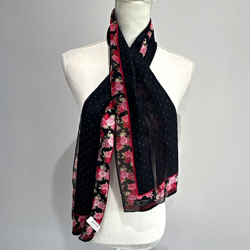 VTG OSCAR by Oscar de la Renta Silk Chiffon Black Floral Polka Dot Scarf 52x13